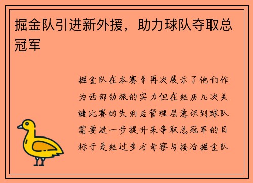 掘金队引进新外援，助力球队夺取总冠军