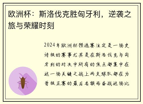 欧洲杯：斯洛伐克胜匈牙利，逆袭之旅与荣耀时刻