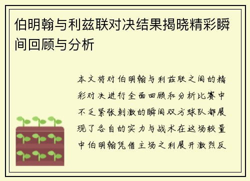 伯明翰与利兹联对决结果揭晓精彩瞬间回顾与分析