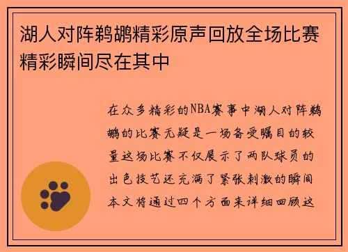 湖人对阵鹈鹕精彩原声回放全场比赛精彩瞬间尽在其中