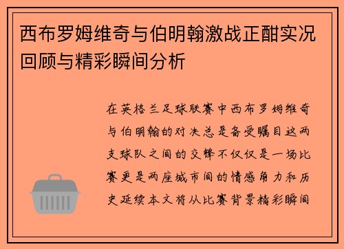 西布罗姆维奇与伯明翰激战正酣实况回顾与精彩瞬间分析