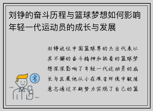 刘铮的奋斗历程与篮球梦想如何影响年轻一代运动员的成长与发展