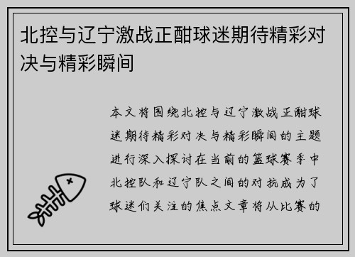北控与辽宁激战正酣球迷期待精彩对决与精彩瞬间