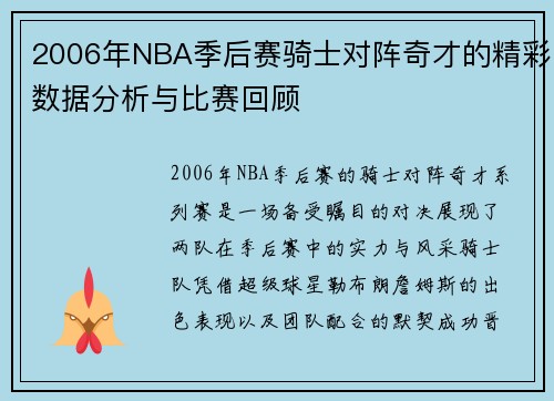 2006年NBA季后赛骑士对阵奇才的精彩数据分析与比赛回顾