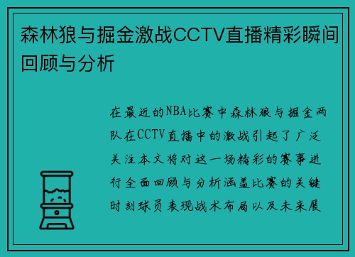 森林狼与掘金激战CCTV直播精彩瞬间回顾与分析