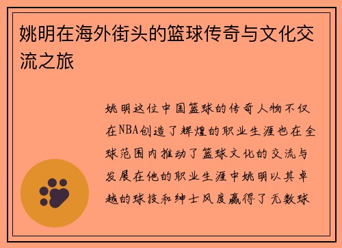 姚明在海外街头的篮球传奇与文化交流之旅